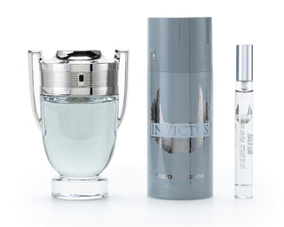PACO RABANNE INVICTUS 3 PCS SET FOR MEN: 3.4 EAU DE TOILETTE SPRAY + 5.1 DEODORANT SPRAY + 0.34 EAU DE TOILETTE SPRAY.